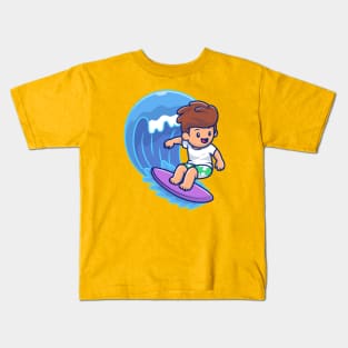 Cute Boy Surfing On Wave Kids T-Shirt